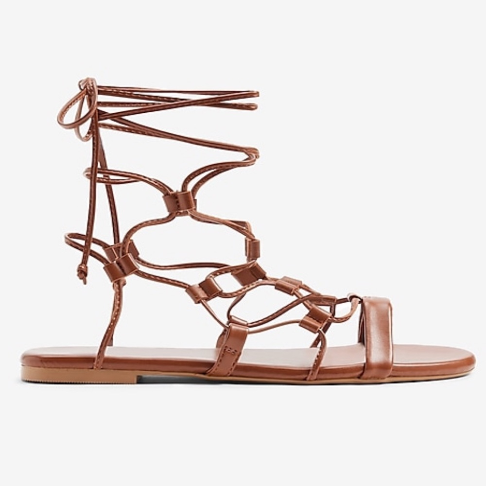 NWT Express Tie-Up Caged Flat Gladiator Sandals 9 Cognac